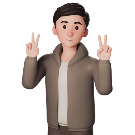 Young Man In Brown Dressed Doing Peace Hand Pose With Left Hand  3D Illustration