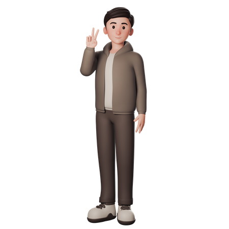 Young Man In Brown Dressed Doing Peace Hand Pose With Left Hand  3D Illustration