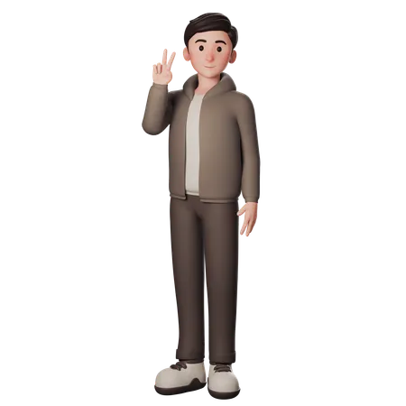 Young Man In Brown Dressed Doing Peace Hand Pose With Left Hand  3D Illustration