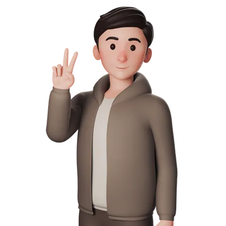 Young Man In Brown Dressed Doing Peace Hand Pose With Right Hand  3D Illustration