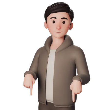 갈색 옷을 입은 청년이 양손으로 아래를 가리키고 있다  3D Illustration