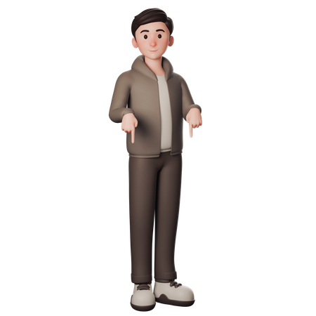 Young Man In Brown Dressed Pointing Downward With Both Hands  3D Illustration