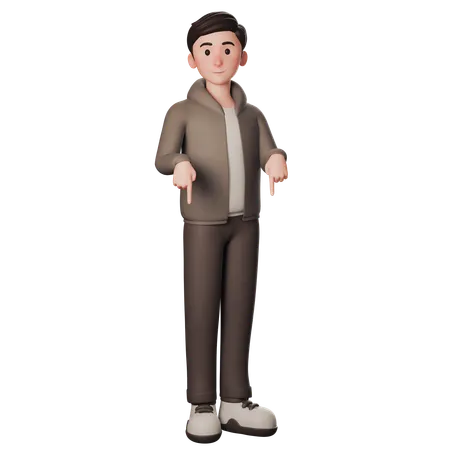 Young Man In Brown Dressed Pointing Downward With Both Hands  3D Illustration