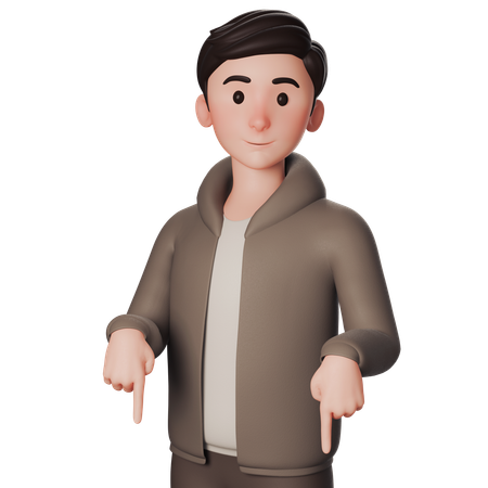 Young Man In Brown Dressed Pointing Downward With Both Hands  3D Illustration