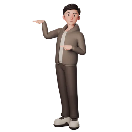 Young Man In Brown Dressed Pointing To Left Side With Both Hands  3D Illustration