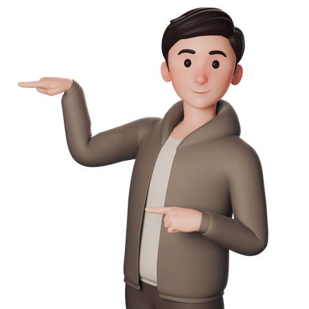 Young Man In Brown Dressed Pointing To Left Side With Both Hands  3D Illustration