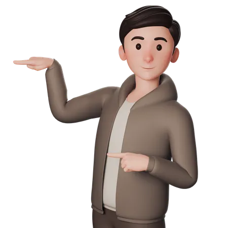 Young Man In Brown Dressed Pointing To Left Side With Both Hands  3D Illustration