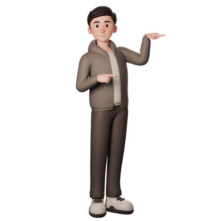 Young Man In Brown Dressed Pointing To Right Side With Both Hands  3D Illustration