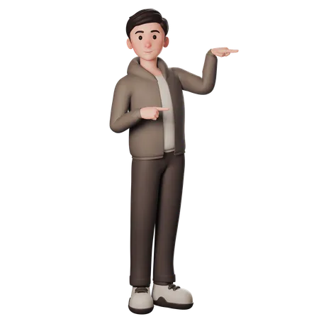 Young Man In Brown Dressed Pointing To Right Side With Both Hands  3D Illustration