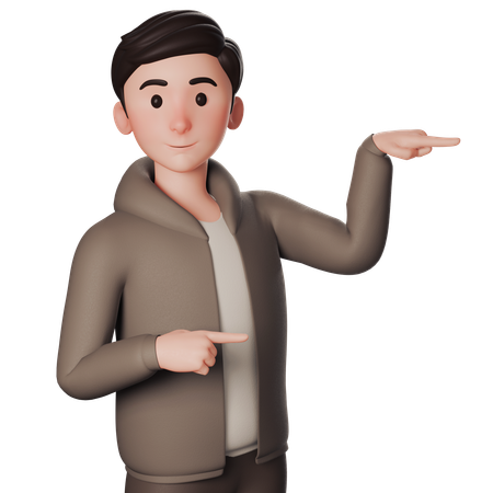 Young Man In Brown Dressed Pointing To Right Side With Both Hands  3D Illustration