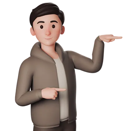 Young Man In Brown Dressed Pointing To Right Side With Both Hands  3D Illustration