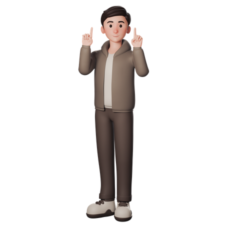 Young Man In Brown Dressed Pointing Upwards With Both Hands  3D Illustration