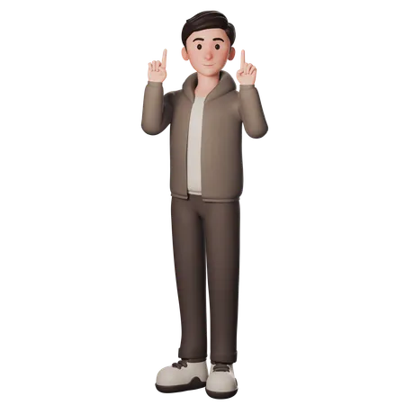 Young Man In Brown Dressed Pointing Upwards With Both Hands  3D Illustration