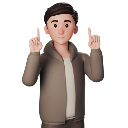 Young Man In Brown Dressed Pointing Upwards With Both Hands  3D Illustration