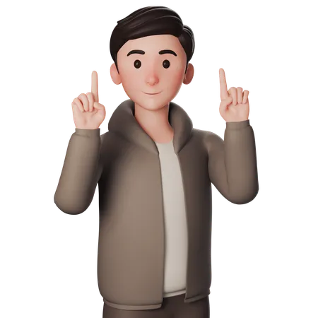 Young Man In Brown Dressed Pointing Upwards With Both Hands  3D Illustration