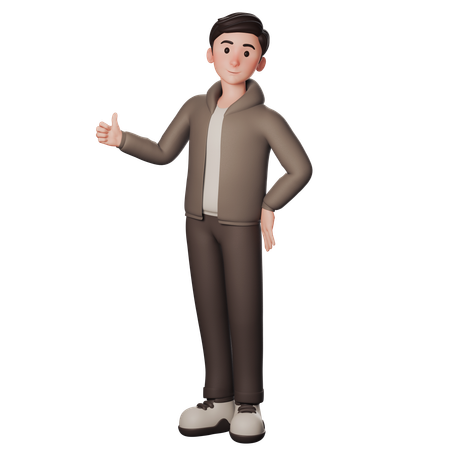 Young Man In Brown Dressed Showing Thumbs Up With Left Hand  3D Icon