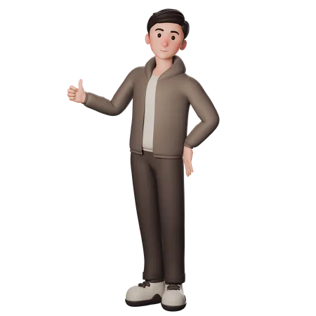 Young Man In Brown Dressed Showing Thumbs Up With Left Hand  3D Illustration