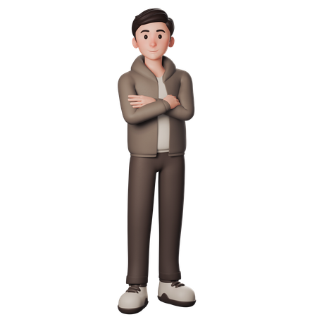 Young Man In Brown Dressed Shows Confident Gesture With Crossed Arms  3D Illustration