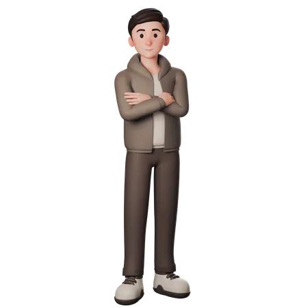 Young Man In Brown Dressed Shows Confident Gesture With Crossed Arms  3D Illustration