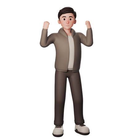 Young Man In Brown Dressed Shows Excited Winner Gesture With Both Hands  3D Illustration