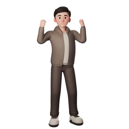 Young Man In Brown Dressed Shows Excited Winner Gesture With Both Hands  3D Illustration