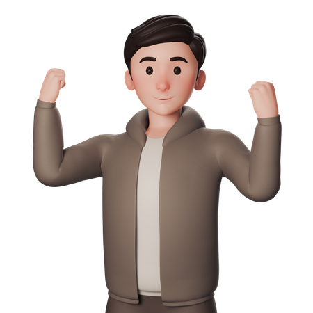 Young Man In Brown Dressed Shows Excited Winner Gesture With Both Hands  3D Illustration