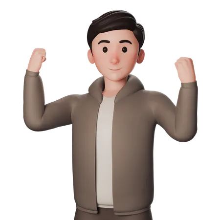 Young Man In Brown Dressed Shows Excited Winner Gesture With Both Hands  3D Illustration