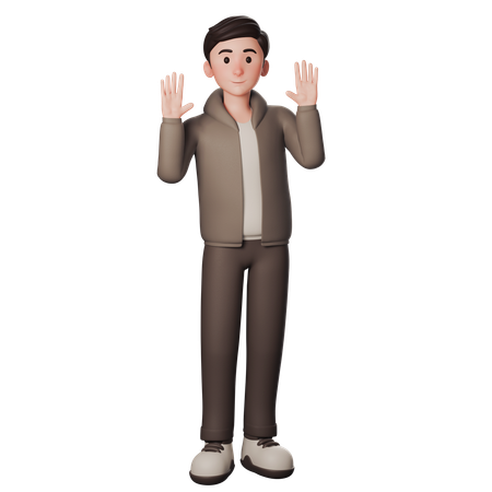 Young Man In Brown Dressed Shows Greeting Gesture With Waving Both Hands  3D Illustration