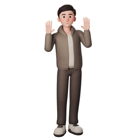 Young Man In Brown Dressed Shows Greeting Gesture With Waving Both Hands  3D Illustration