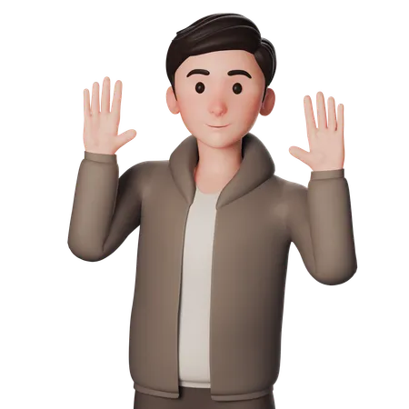 Young Man In Brown Dressed Shows Greeting Gesture With Waving Both Hands  3D Illustration