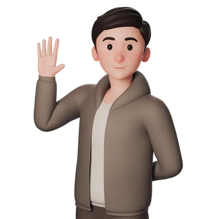 Young Man In Brown Dressed Shows Greeting Gesture With Waving Left Hand  3D Illustration