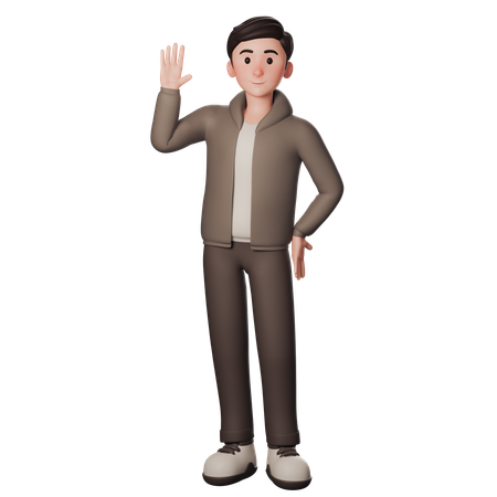 Young Man In Brown Dressed Shows Greeting Gesture With Waving Left Hand  3D Illustration