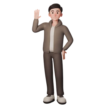 Young Man In Brown Dressed Shows Greeting Gesture With Waving Left Hand  3D Illustration