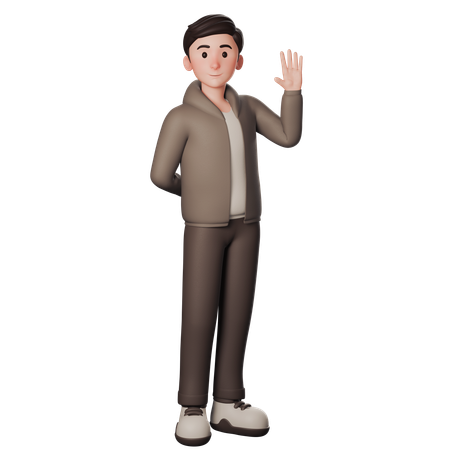 Young Man In Brown Dressed Shows Greeting Gesture With Waving Right Hand  3D Illustration