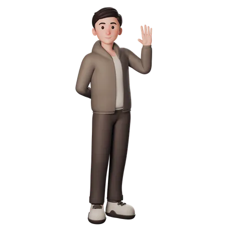 Young Man In Brown Dressed Shows Greeting Gesture With Waving Right Hand  3D Illustration