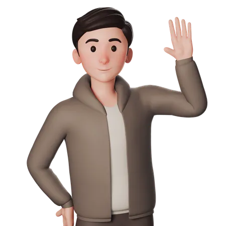 Young Man In Brown Dressed Shows Greeting Gesture With Waving Right Hand  3D Illustration