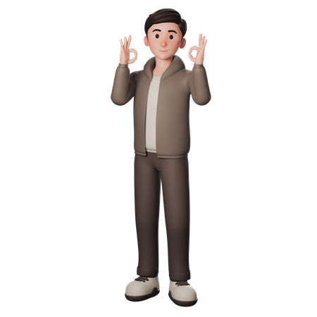 Young Man In Brown Dressed Shows Okay Gesture With Both Hands  3D Illustration