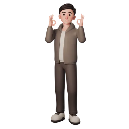 Young Man In Brown Dressed Shows Okay Gesture With Both Hands  3D Illustration