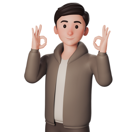 Young Man In Brown Dressed Shows Okay Gesture With Both Hands  3D Illustration