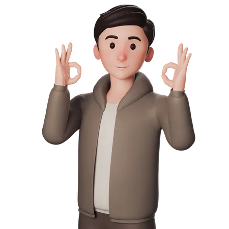 Young Man In Brown Dressed Shows Okay Gesture With Both Hands  3D Illustration