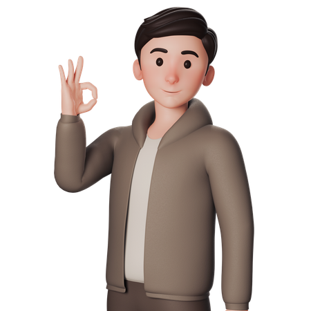 Young Man In Brown Dressed Shows Okay Gesture With Left Hand  3D Illustration