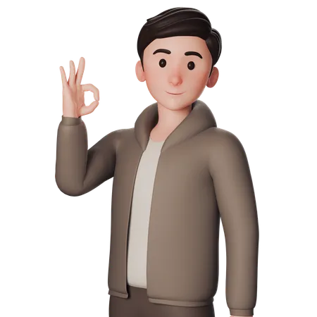 Young Man In Brown Dressed Shows Okay Gesture With Left Hand  3D Illustration