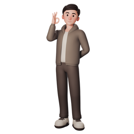 Young Man In Brown Dressed Shows Okay Gesture With Left Hand  3D Illustration