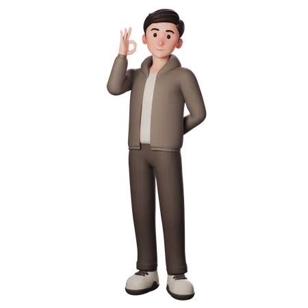 Young Man In Brown Dressed Shows Okay Gesture With Left Hand  3D Illustration