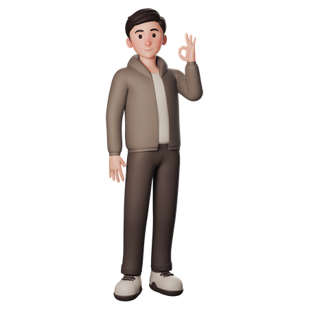 Young Man In Brown Dressed Shows Okay Gesture With Right Hand  3D Illustration