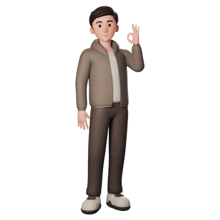 Young Man In Brown Dressed Shows Okay Gesture With Right Hand  3D Illustration