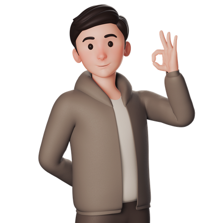 Young Man In Brown Dressed Shows Okay Gesture With Right Hand  3D Illustration