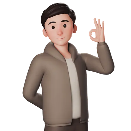 Young Man In Brown Dressed Shows Okay Gesture With Right Hand  3D Illustration