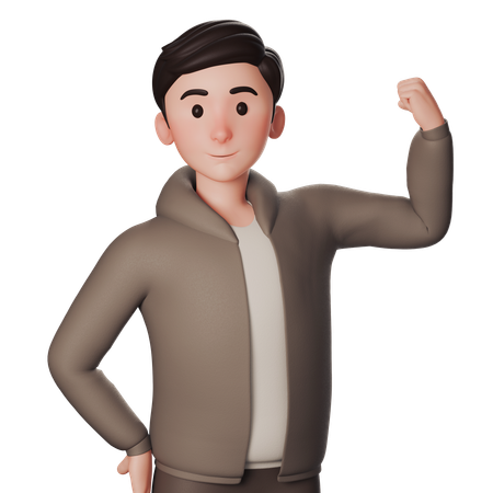 Young Man In Brown Dressed Shows Strength And Winner Gesture With Right Hand  3D Illustration