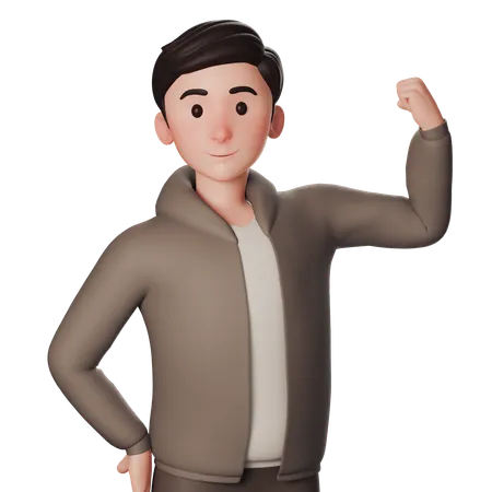 Young Man In Brown Dressed Shows Strength And Winner Gesture With Right Hand  3D Illustration